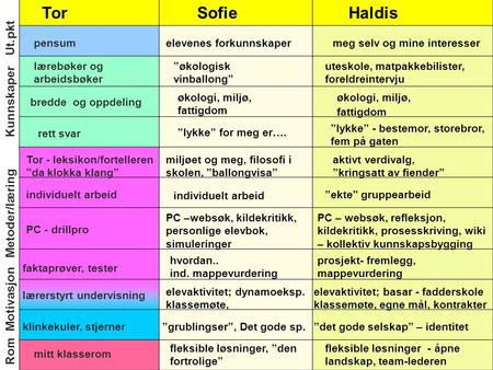 Tre ”klasserom” Tor Sofie Haldis Ut.pkt Kunnskaper Metoder/læring