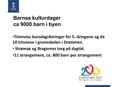 Barnas kulturdager ca 9000 barn i byen Trinnvise bursdagsfeiringer for 5.-åringene og de 10 trinnene i grunnskolen i Drammen. Strømsø og Bragernes torg.