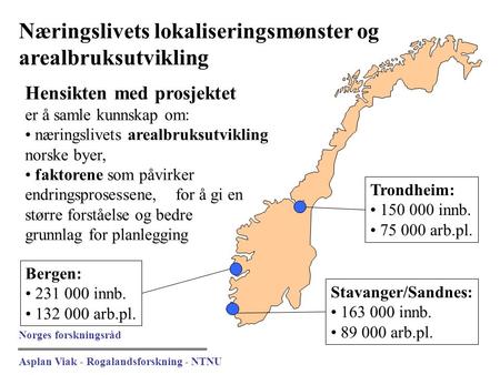 Næringslivets lokaliseringsmønster og arealbruksutvikling Trondheim: 150 000 innb. 75 000 arb.pl. Bergen: 231 000 innb. 132 000 arb.pl. Stavanger/Sandnes: