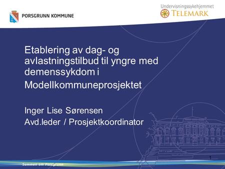 1 Etablering av dag- og avlastningstilbud til yngre med demenssykdom i Modellkommuneprosjektet Inger Lise Sørensen Avd.leder / Prosjektkoordinator.