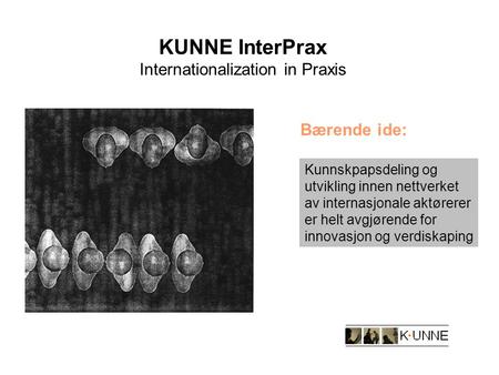 KUNNE InterPrax Internationalization in Praxis Bærende ide: Kunnskpapsdeling og utvikling innen nettverket av internasjonale aktørerer er helt avgjørende.