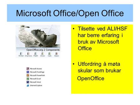 Microsoft Office/Open Office Tilsette ved ALI/HSF har berre erfaring i bruk av Microsoft Office Utfordring å møta skular som brukar OpenOffice.