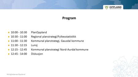 Mulighetenes Oppland Program 10:00 - 10:30 PlanOppland 10:30 - 11:00 Regional planstrategi/Fylkesstatistikk 11:00 - 11:30 Kommunal planstrategi, Gausdal.