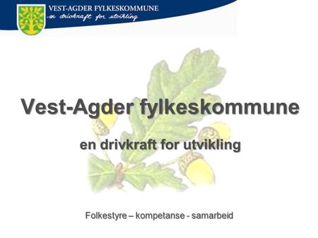 Vest-Agder fylkeskommune en drivkraft for utvikling Folkestyre – kompetanse - samarbeid.