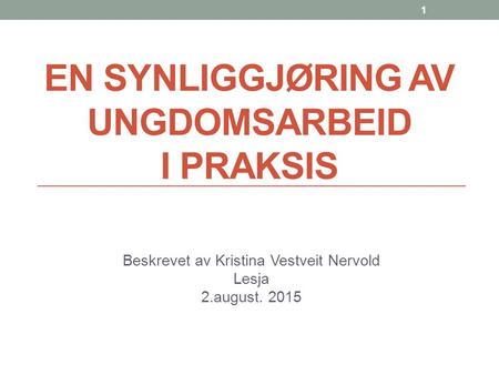 EN SYNLIGGJØRING AV UNGDOMSARBEID I PRAKSIS Beskrevet av Kristina Vestveit Nervold Lesja 2.august. 2015 1.