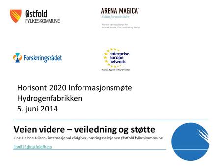 Veien videre – veiledning og støtte Line Helene Nilsen, internasjonal rådgiver, næringsseksjonen Østfold fylkeskommune Horisont 2020.