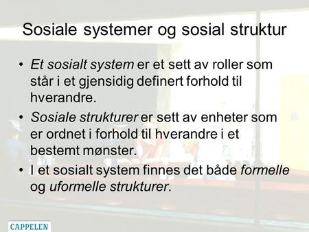 Sosiale systemer og sosial struktur Et sosialt system er et sett av roller som står i et gjensidig definert forhold til hverandre. Sosiale strukturer er.