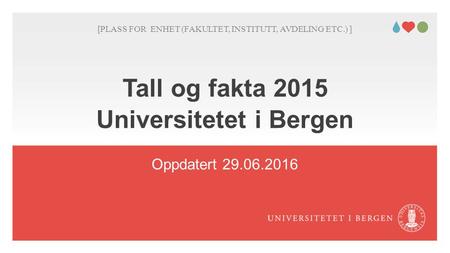 Tall og fakta 2015 Universitetet i Bergen Oppdatert 29.06.2016 Her kan du skrive enhet/tilhørighet! Sett blank hvis dette ikke er aktuelt. [PLASS FOR ENHET.