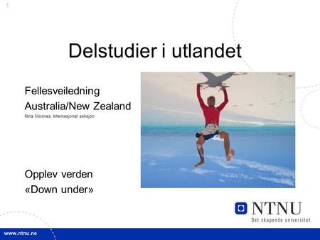 1 Delstudier i utlandet Fellesveiledning Australia/New Zealand Nina Moxnes, Internasjonal seksjon Opplev verden «Down under»