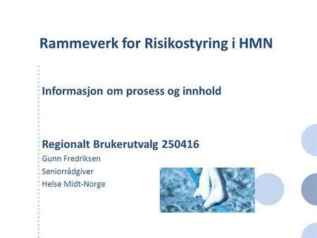 Rammeverk for Risikostyring i HMN Informasjon om prosess og innhold Regionalt Brukerutvalg 250416 Gunn Fredriksen Seniorrådgiver Helse Midt-Norge.