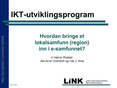 LINK Lokale Informasjonsnettverk i Numedal/Kongsberg Mars 2001 IKT-utviklingsprogram Hvordan bringe et lokalsamfunn.