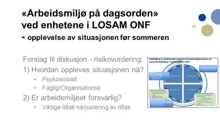 «Arbeidsmiljø på dagsorden» ved enhetene i LOSAM ONF - opplevelse av situasjonen før sommeren Forslag til diskusjon - risikovurdering: 1) Hvordan oppleves.