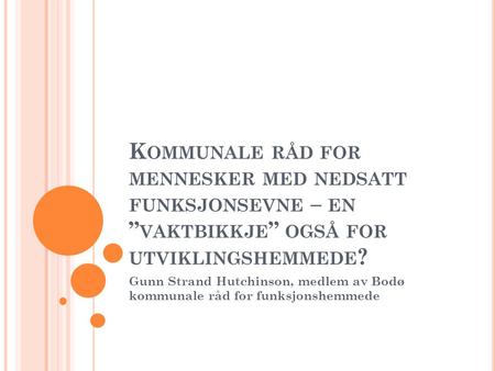 Kommunale råd for mennesker med nedsatt funksjonsevne – en ”vaktbikkje” også for utviklingshemmede? Gunn Strand Hutchinson, medlem av Bodø kommunale råd.