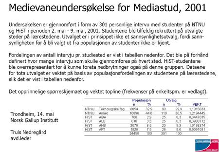 Medievaneundersøkelse for Mediastud, 2001 Undersøkelsen er gjennomført i form av 301 personlige intervu med studenter på NTNU og HiST i perioden 2. mai.