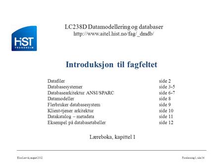 LC238D Datamodellering og databaser  Introduksjon til fagfeltet Else Lervik, august 2012Forelesning 1, uke 34 Datafilerside.