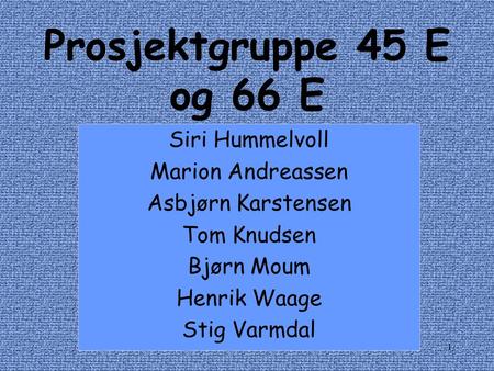 1 Prosjektgruppe 45 E og 66 E Siri Hummelvoll Marion Andreassen Asbjørn Karstensen Tom Knudsen Bjørn Moum Henrik Waage Stig Varmdal.