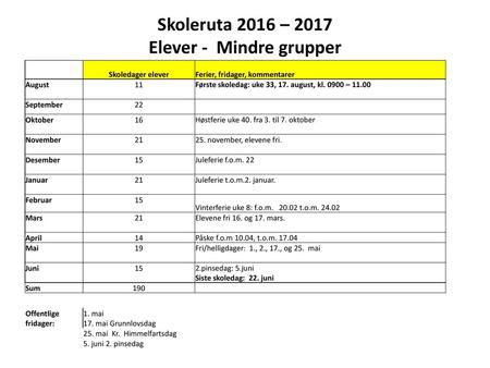 Skoleruta 2016 – 2017 Elever - Mindre grupper