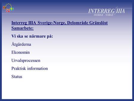 Interreg IIIA Sverige-Norge, Delområde Gränslöst Samarbete: Vi ska se närmare på: Åtgärderna Ekonomin Urvalsprocessen Praktisk information Status.