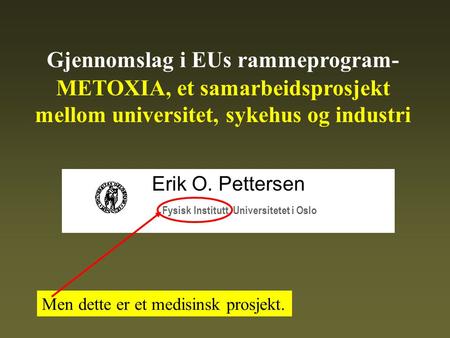 Erik O. Pettersen Fysisk Institutt, Universitetet i Oslo Gjennomslag i EUs rammeprogram- METOXIA, et samarbeidsprosjekt mellom universitet, sykehus og.