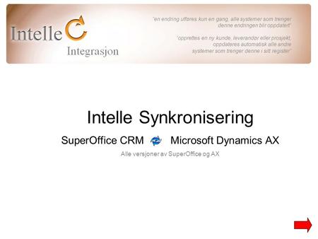 Intelle Synkronisering SuperOffice CRM Microsoft Dynamics AX Alle versjoner av SuperOffice og AX ”en endring utføres kun en gang, alle systemer som trenger.