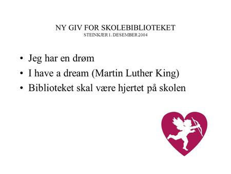 NY GIV FOR SKOLEBIBLIOTEKET STEINKJER 1. DESEMBER 2004 Jeg har en drøm I have a dream (Martin Luther King) Biblioteket skal være hjertet på skolen.