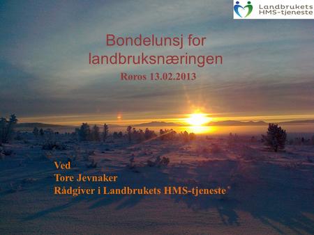Bondelunsj for landbruksnæringen Ved Tore Jevnaker Rådgiver i Landbrukets HMS-tjeneste Røros 13.02.2013.