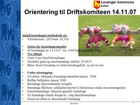 Levanger kommune enhet Bunntekst 1 Orientering til Driftskomiteen 14.11.07 Antall barnehager/eierforhold etc. 8 kommunale (203 barn/ 20,3%) Status for.
