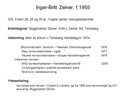 Inger-Britt Zeiner, f 1955 Gift, 3 barn 28, 25 og 20 år. Yngste (jente) Georgiastipendiat Arbeidsgiver: Byggmakker Zeiner, Anth.L Zeiner AS, Tønsberg Utdanning: