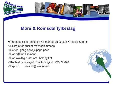 Møre & Romsdal fylkeslag  Treffsted siste torsdag hver måned på Oasen Kreative Senter  Ellers etter ønsker fra medlemmene  Setter i gang selvhjelpsgrupper.