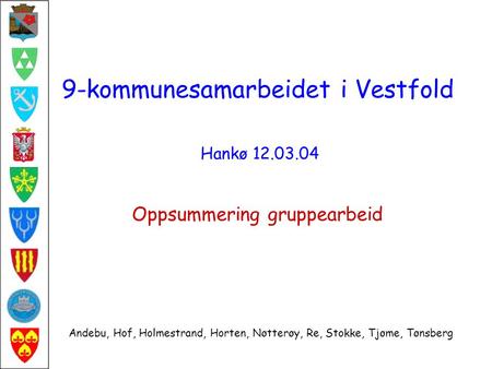 9-kommunesamarbeidet i Vestfold Hankø 12.03.04 Oppsummering gruppearbeid Andebu, Hof, Holmestrand, Horten, Nøtterøy, Re, Stokke, Tjøme, Tønsberg.