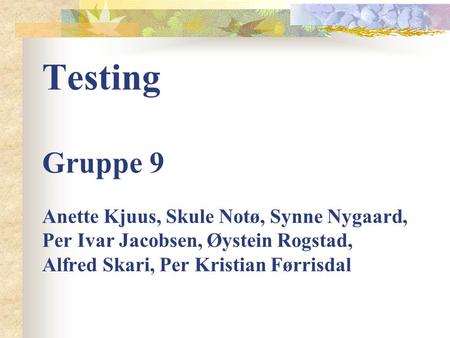 Testing Gruppe 9 Anette Kjuus, Skule Notø, Synne Nygaard, Per Ivar Jacobsen, Øystein Rogstad, Alfred Skari, Per Kristian Førrisdal.