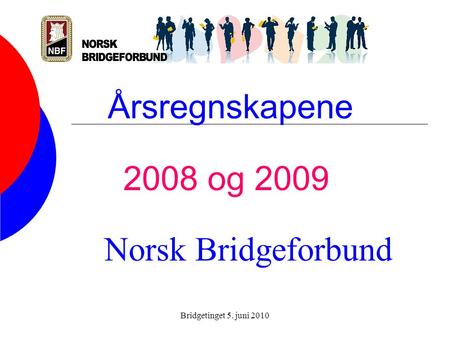Bridgetinget 5. juni 2010 Årsregnskapene 2008 og 2009 Norsk Bridgeforbund.