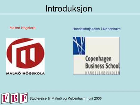 Introduksjon Studiereise til Malmö og København, juni 2006 Malmö Högskola Handelshøjskolen i København.