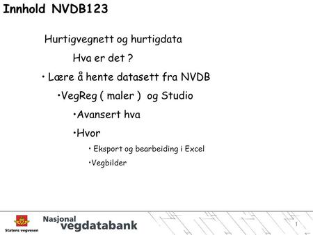 Innhold NVDB123 Hurtigvegnett og hurtigdata Hva er det ?