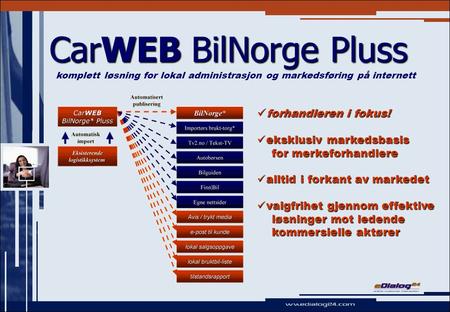 CarWEB BilNorge Pluss forhandleren i fokus! forhandleren i fokus! eksklusiv markedsbasis for merkeforhandlere eksklusiv markedsbasis for merkeforhandlere.