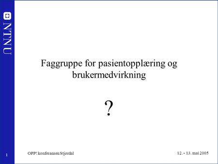 1 12. - 13. mai 2005 OPP! konferansen Stjørdal Faggruppe for pasientopplæring og brukermedvirkning ?