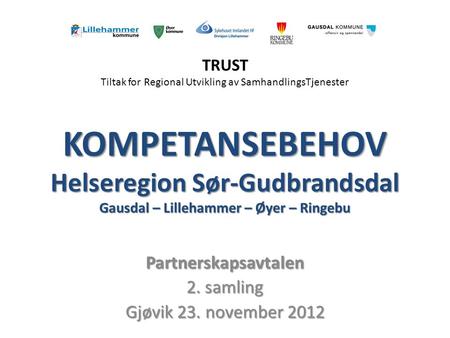 KOMPETANSEBEHOV Helseregion Sør-Gudbrandsdal Gausdal – Lillehammer – Øyer – Ringebu Partnerskapsavtalen 2. samling Gjøvik 23. november 2012 TRUST Tiltak.