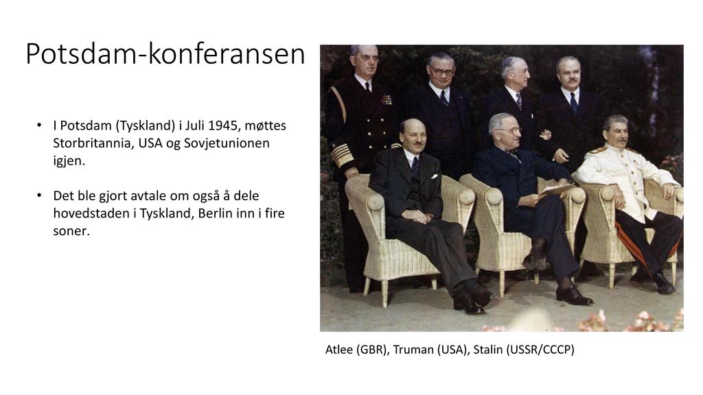 Potsdam-konferansen I Potsdam (Tyskland) i Juli 1945, møttes Storbritannia, USA og Sovjetunionen igjen.