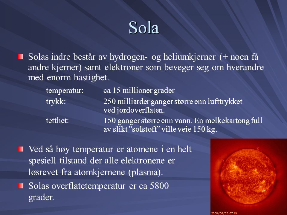 Sola Solas indre består av hydrogen- og heliumkjerner (+ noen få andre kjerner) samt elektroner som beveger seg om hverandre med enorm hastighet.