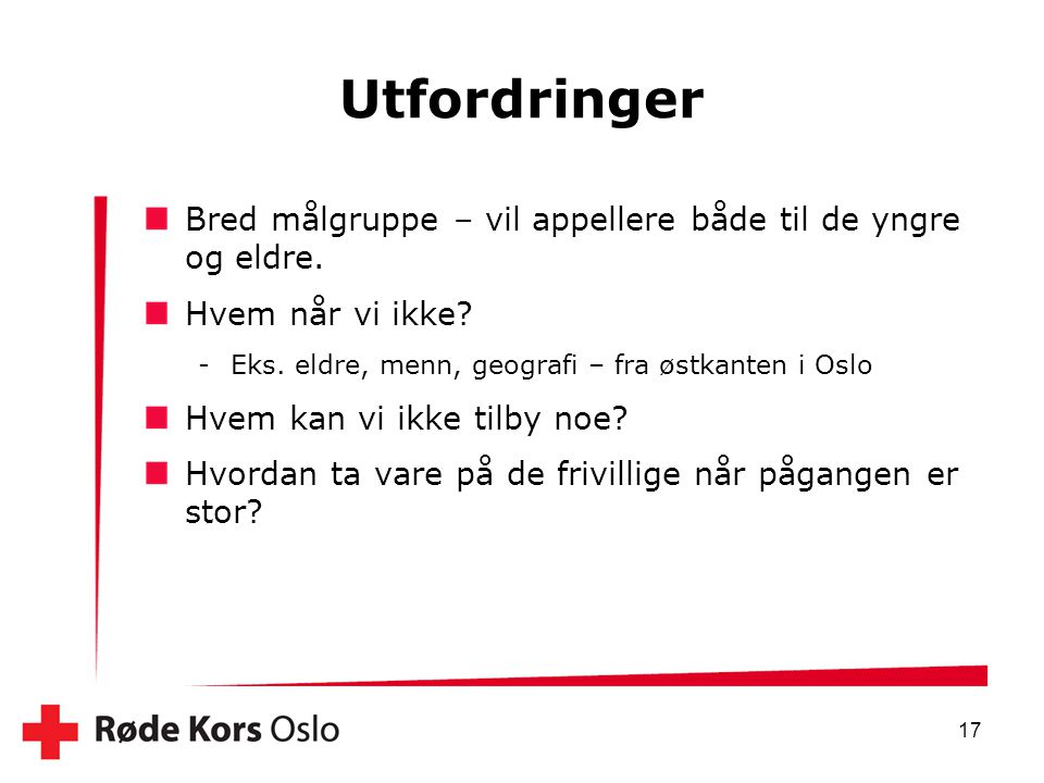 Utfordringer Bred målgruppe – vil appellere både til de yngre og eldre. Hvem når vi ikke Eks. eldre, menn, geografi – fra østkanten i Oslo.