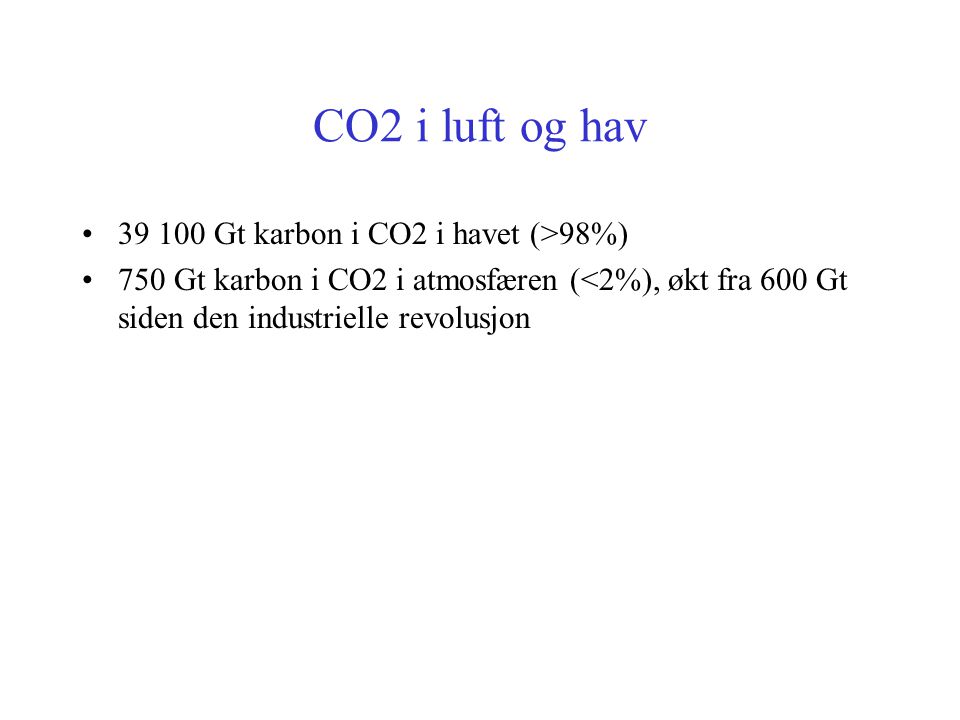 CO2 i luft og hav Gt karbon i CO2 i havet (>98%)
