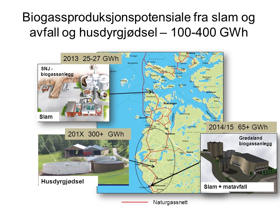Biogassproduksjonspotensiale fra slam og avfall og husdyrgjødsel – GWh