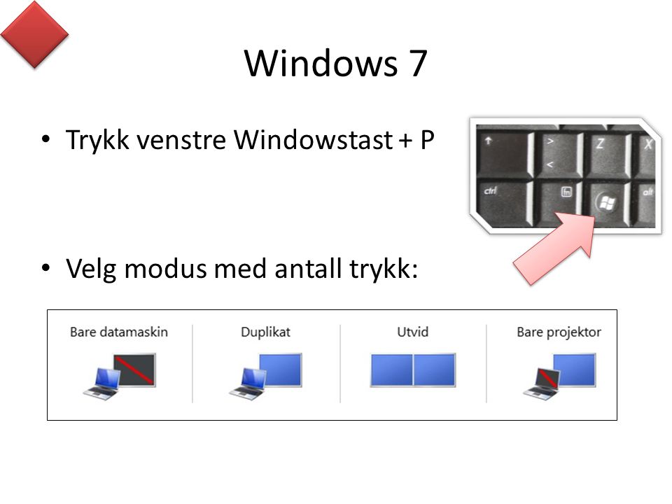 Windows 7 Trykk venstre Windowstast + P Velg modus med antall trykk: