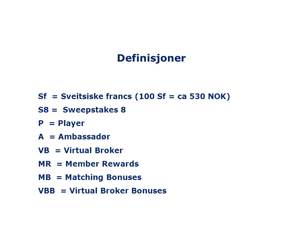 Definisjoner Sf = Sveitsiske francs (100 Sf = ca 530 NOK)