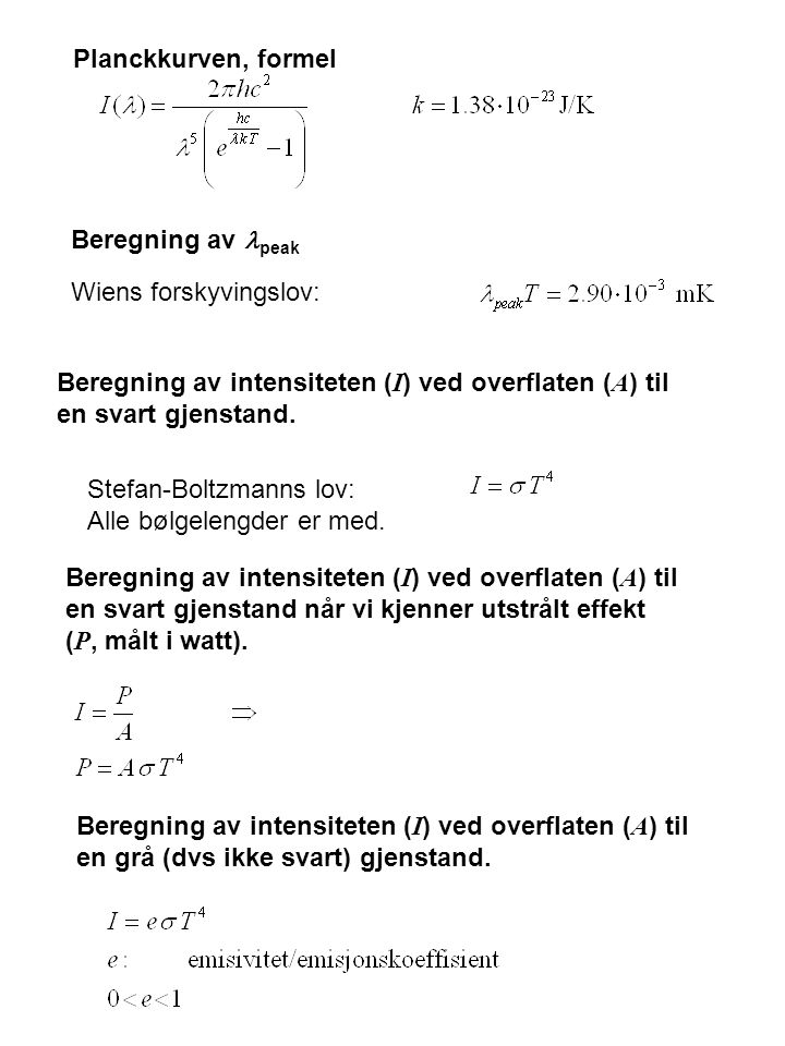 Planckkurven, formel Beregning av lpeak. Wiens forskyvingslov: Beregning av intensiteten (I) ved overflaten (A) til en svart gjenstand.