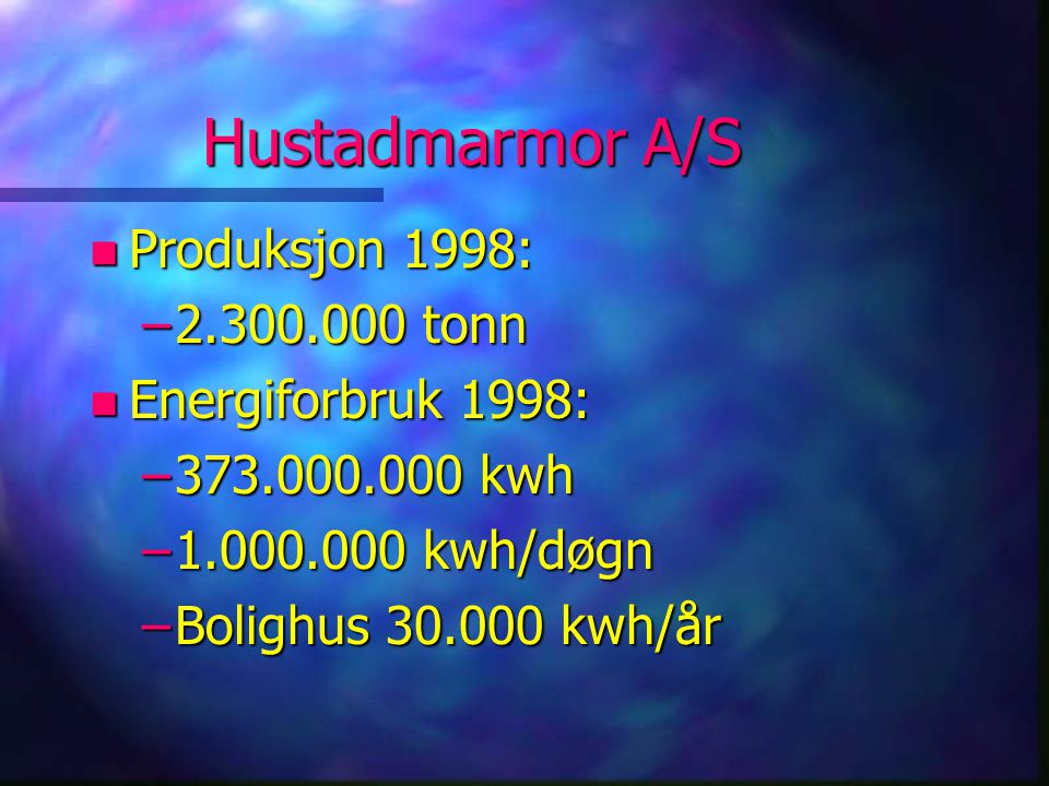 Hustadmarmor A/S Produksjon 1998: tonn Energiforbruk 1998: