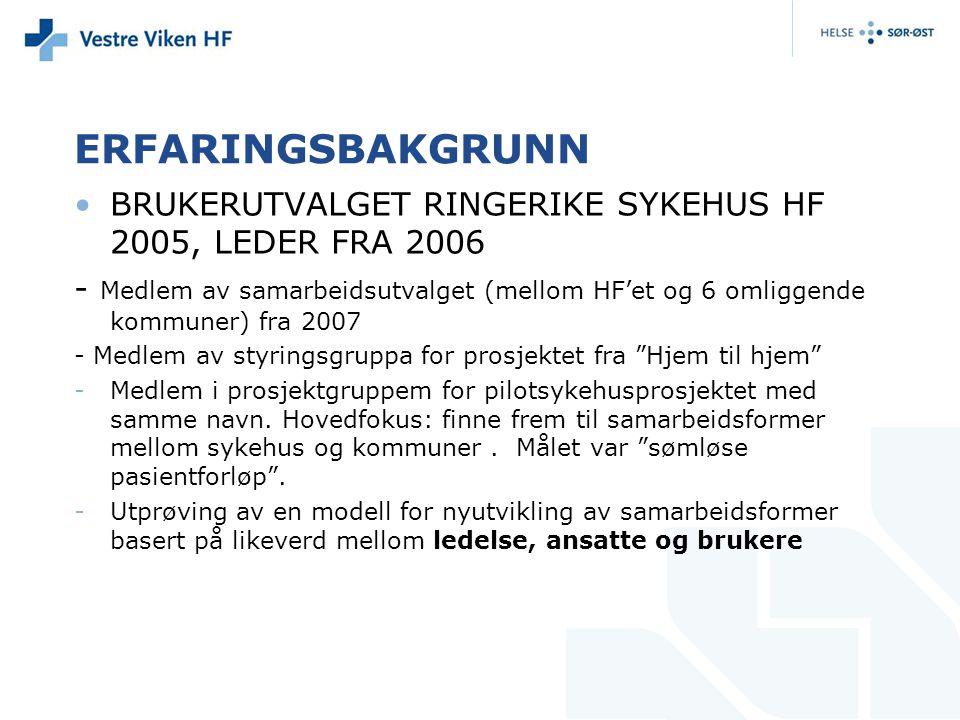 ERFARINGSBAKGRUNN BRUKERUTVALGET RINGERIKE SYKEHUS HF 2005, LEDER FRA