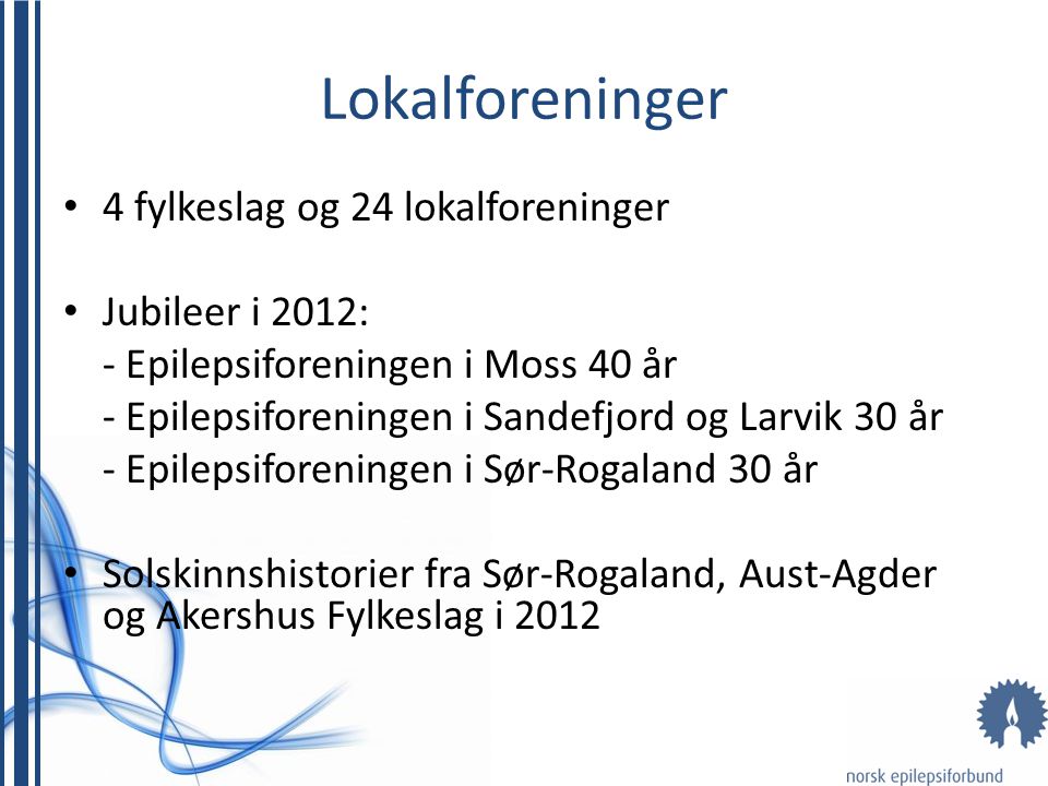 Lokalforeninger 4 fylkeslag og 24 lokalforeninger Jubileer i 2012: