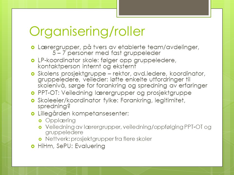 Organisering/roller Lærergrupper, på tvers av etablerte team/avdelinger, 5 – 7 personer med fast gruppeleder.