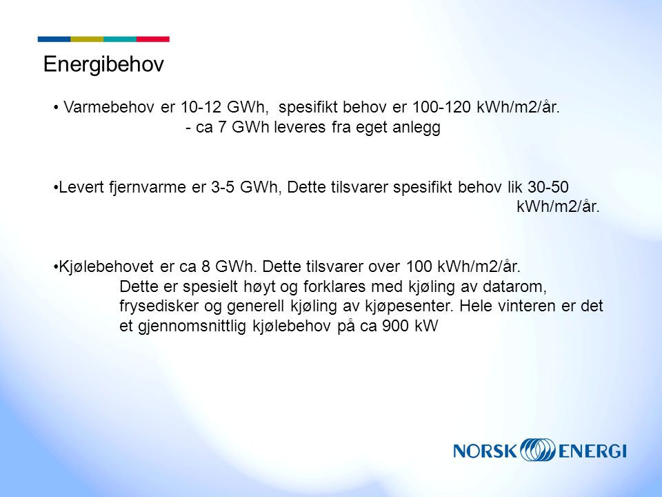 Energibehov Varmebehov er GWh, spesifikt behov er kWh/m2/år. - ca 7 GWh leveres fra eget anlegg.